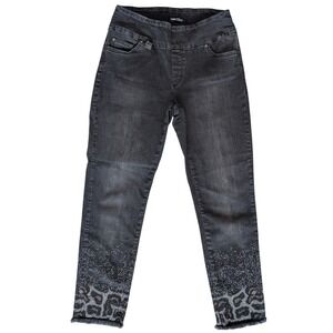 Lisette-L Sz. 8 Black Grey Animal Print Studded Pattern Raw Hem Denim Jeans